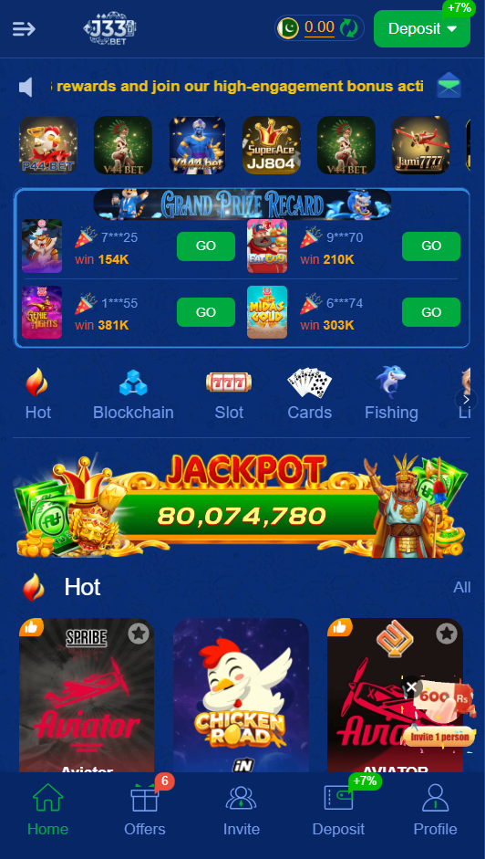 J33 Bet Pakistan game lobby with jackpot promo