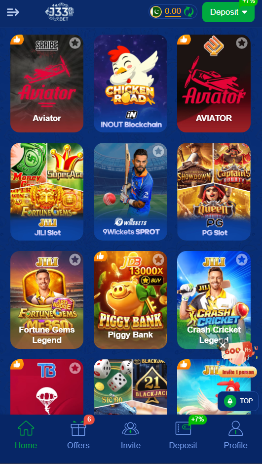 Featured games on J33 Bet APK including Aviator and slot machines